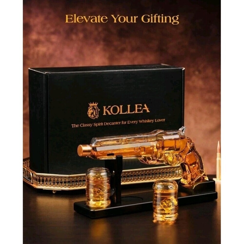 Handcrafted Revolver Whiskey Decanter Set W/ Shot Glasses Perfect Gift Men New